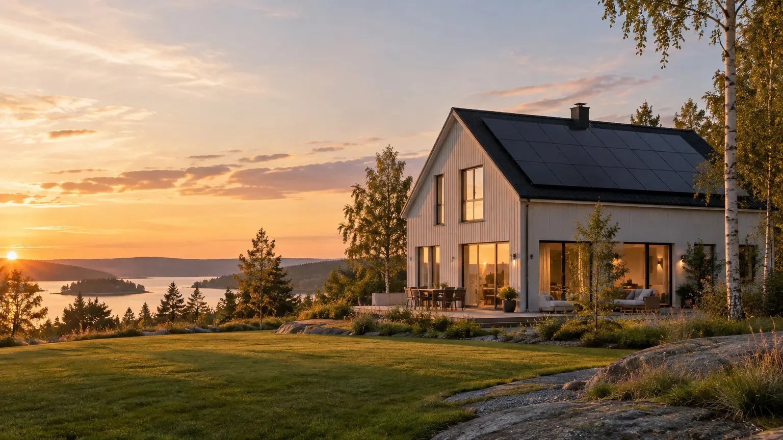 Villa i solnedgång med solceller och batterilager